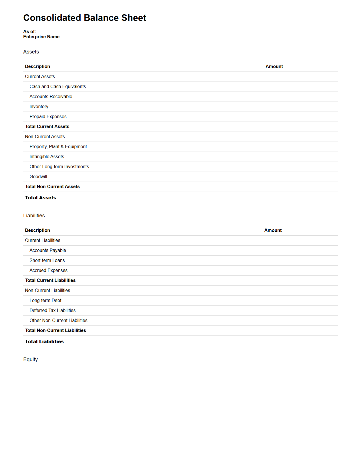 Consolidated Balance Sheet Template for Enterprises