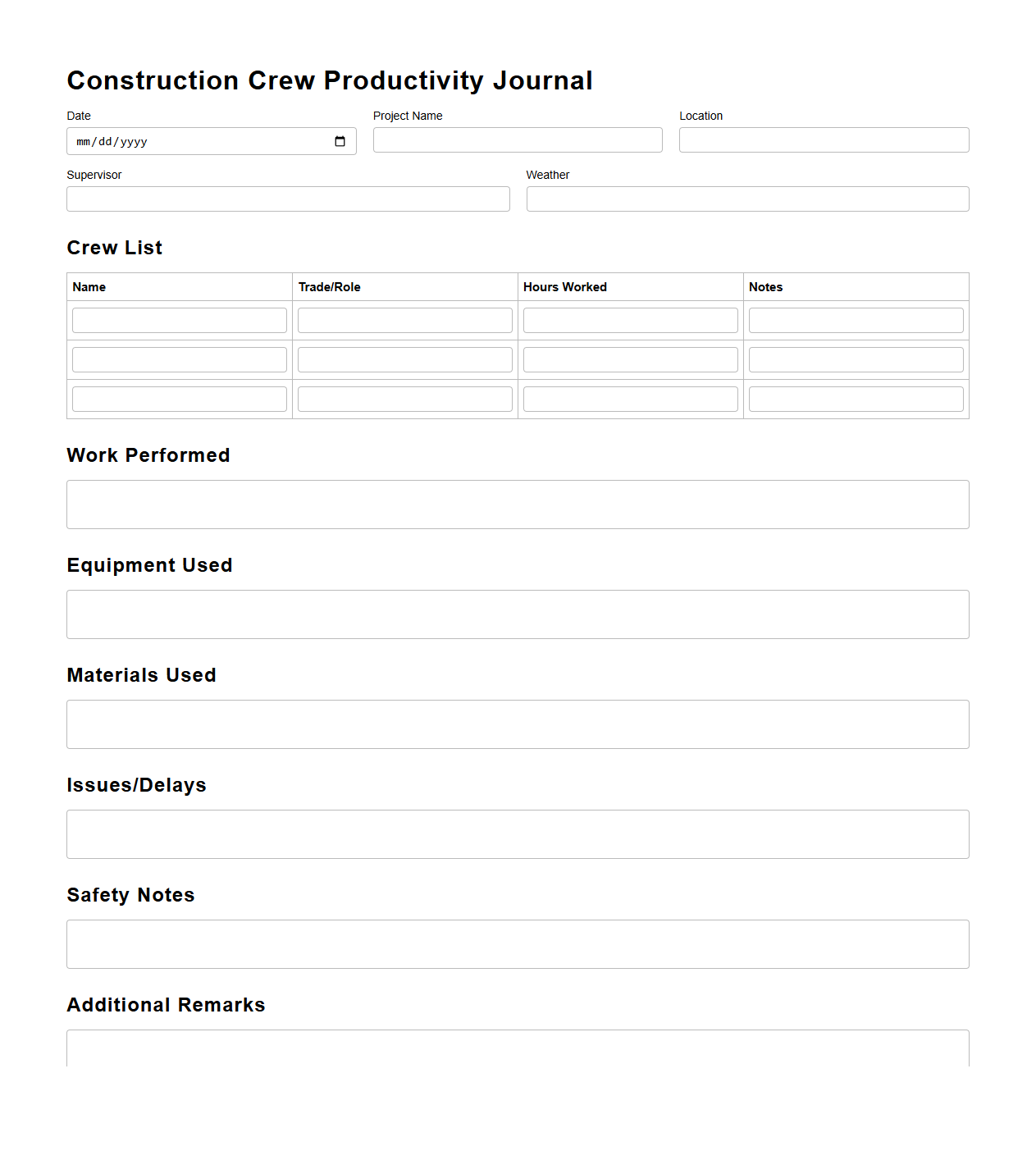 Construction Crew Productivity Journal