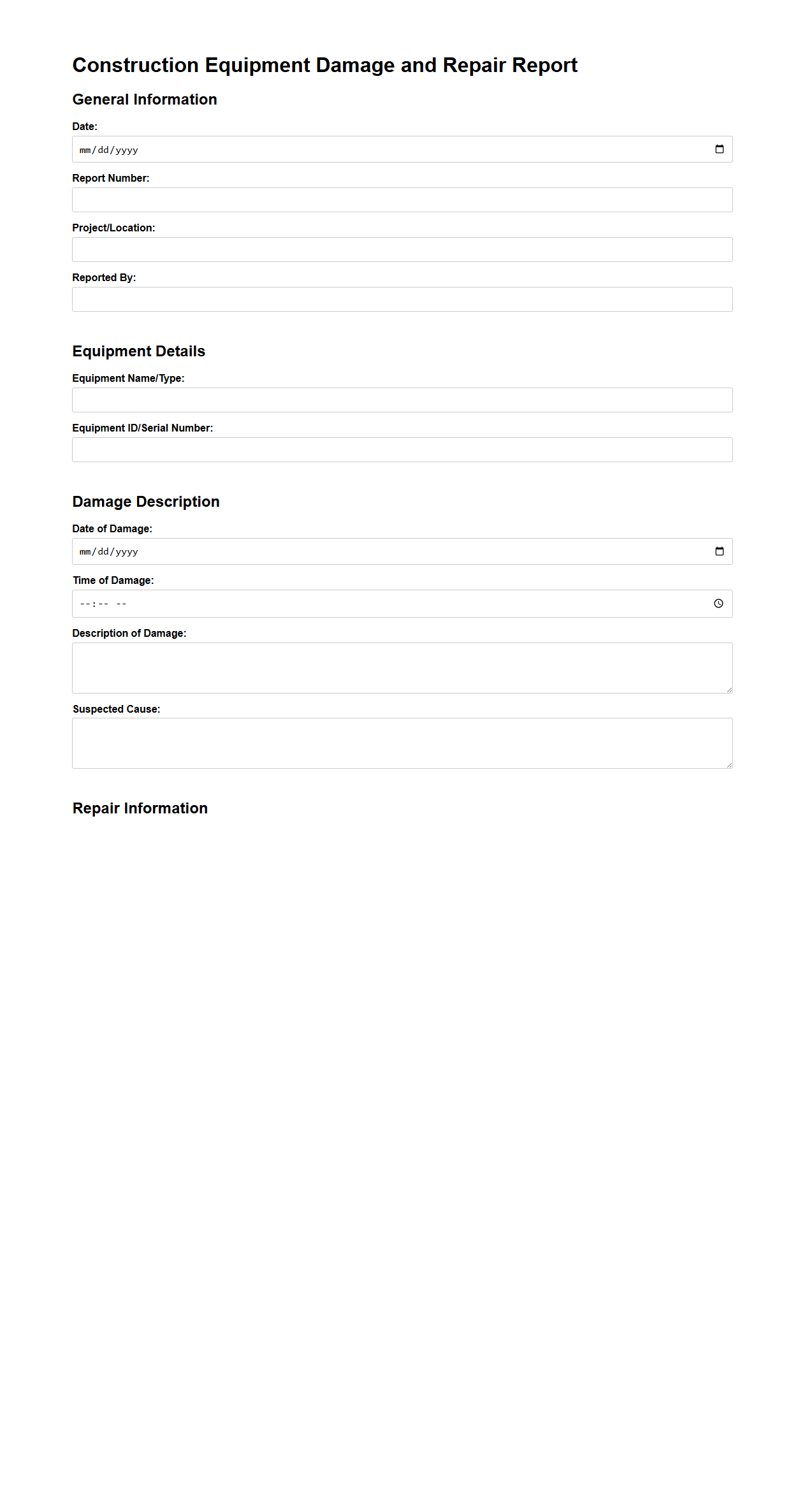 Construction Equipment Damage and Repair Report Template