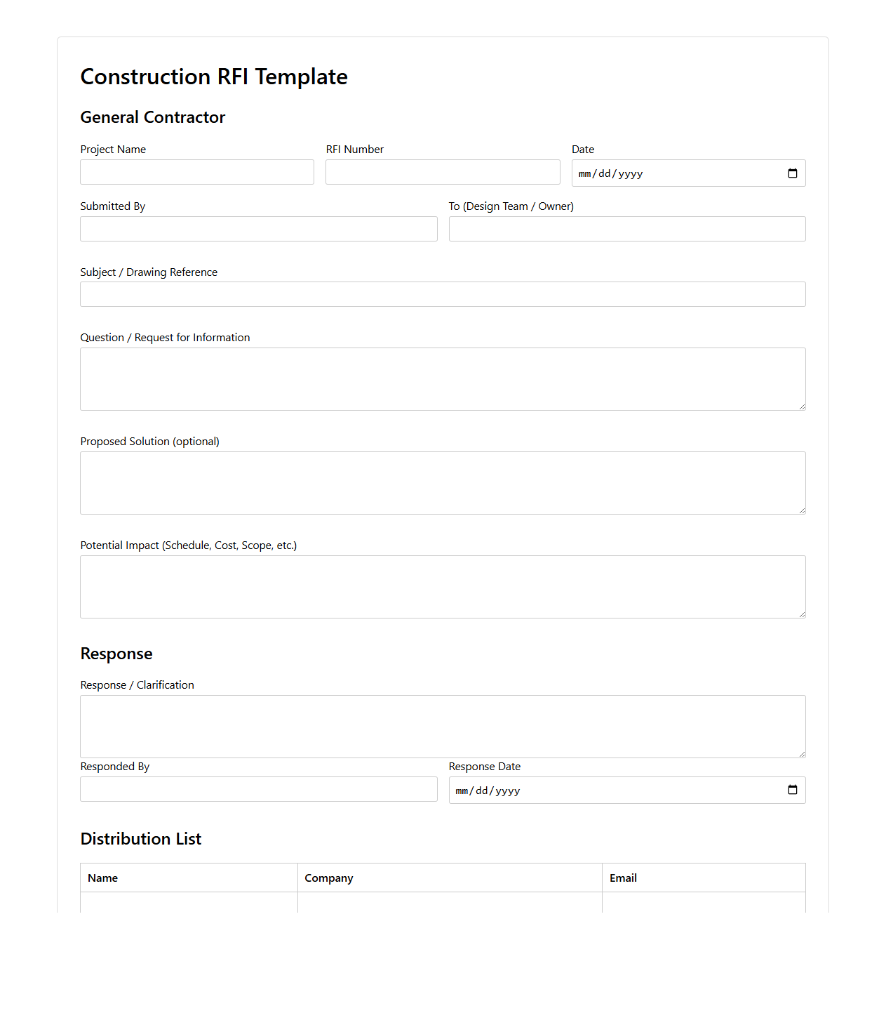 Construction RFI Template for General Contractors