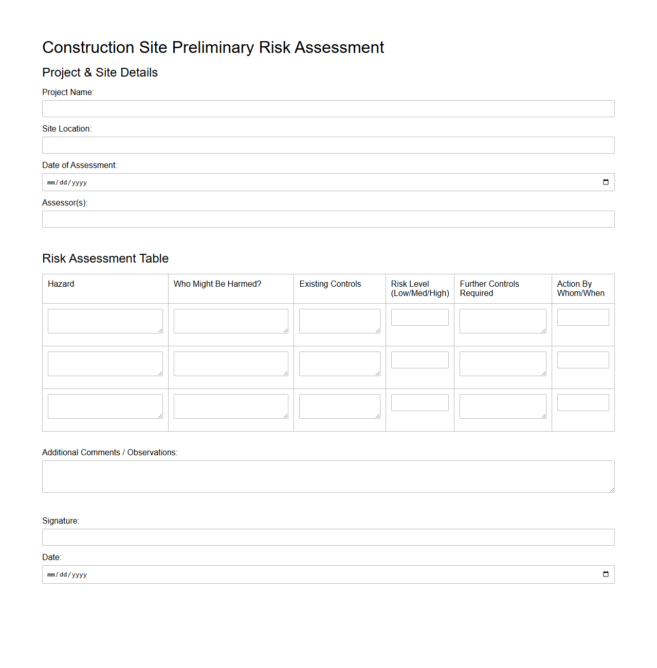Construction Site Preliminary Risk Assessment Template