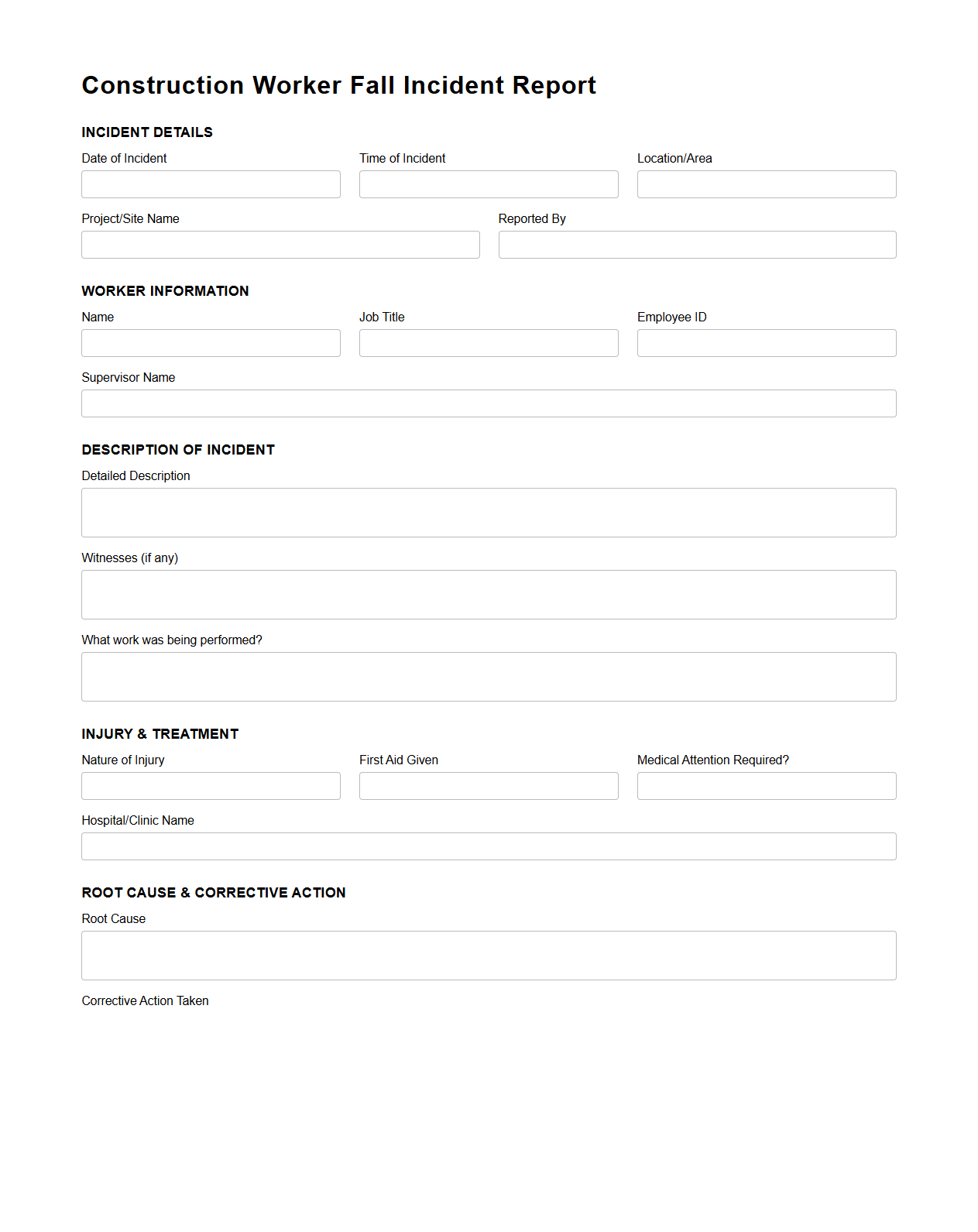 Construction Worker Fall Incident Report Sample