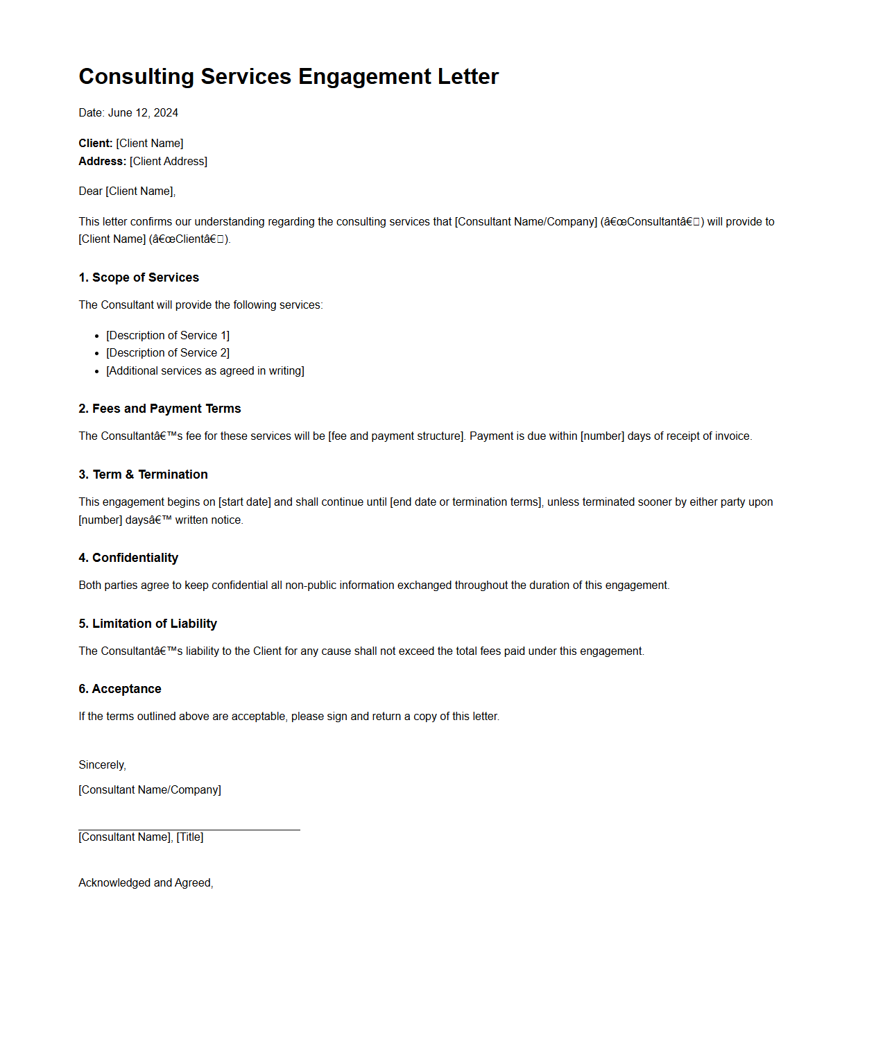 Consulting Services Engagement Letter Example