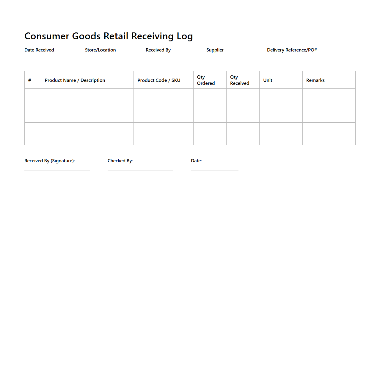 Consumer Goods Retail Receiving Log