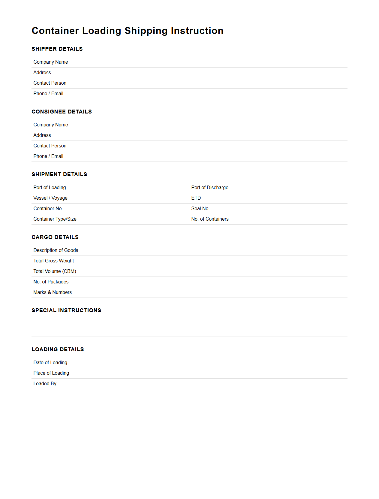 Container Loading Shipping Instruction Blueprint