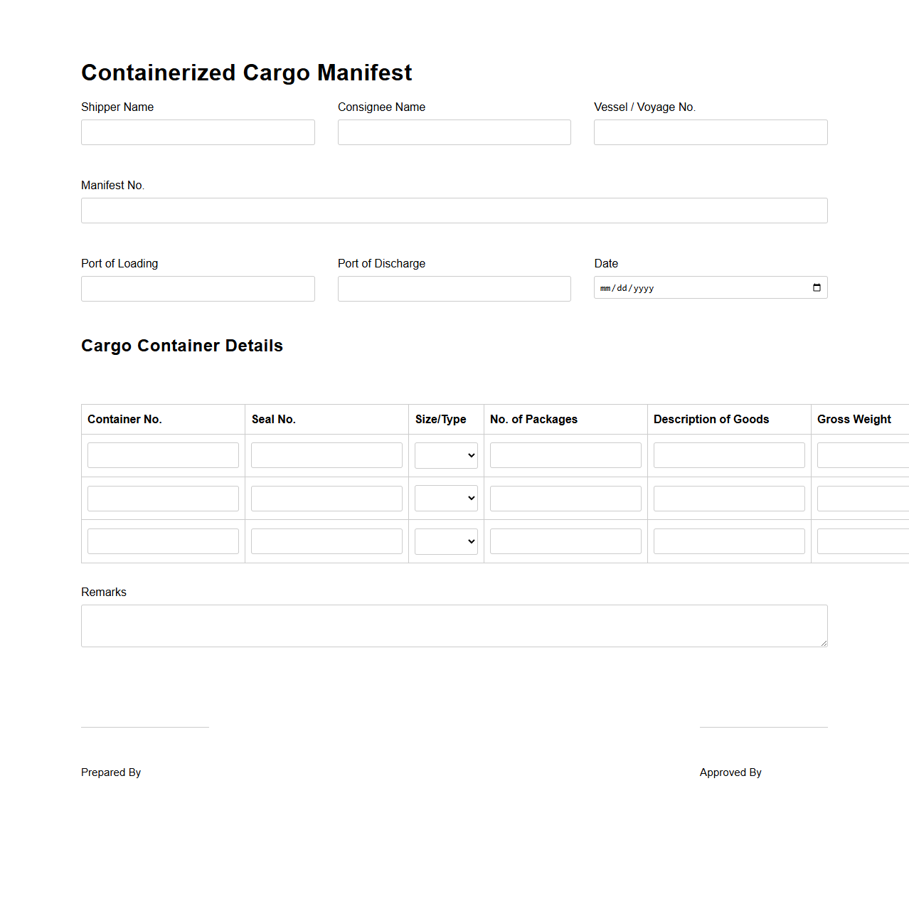 Containerized Cargo Manifest Form Sample