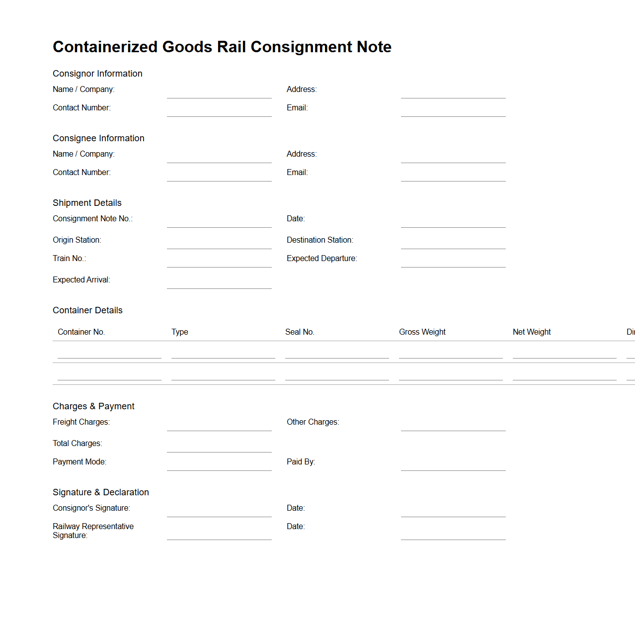 Containerized Goods Rail Consignment Note Structure