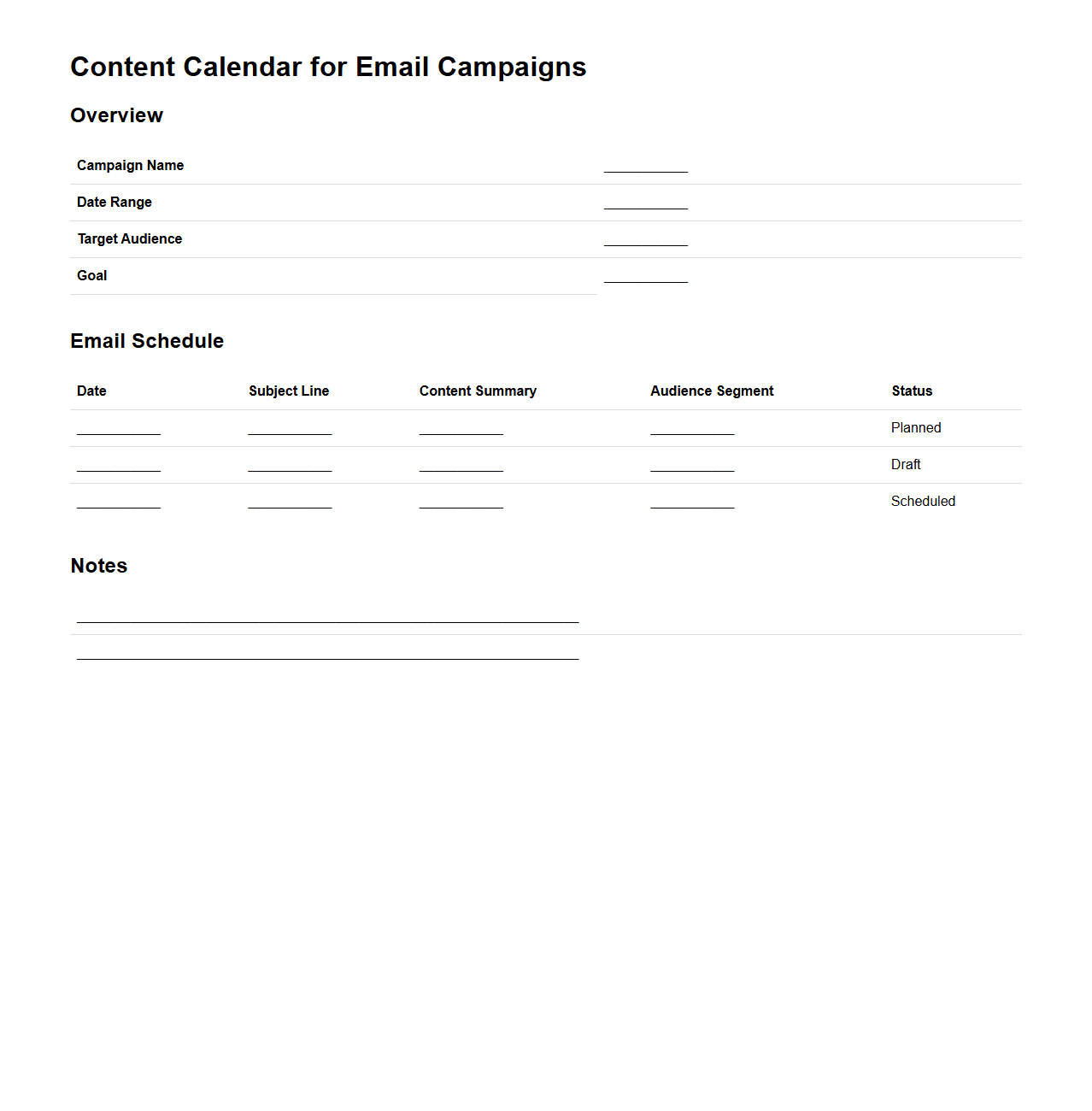 Content Calendar for Email Campaigns Document Sample