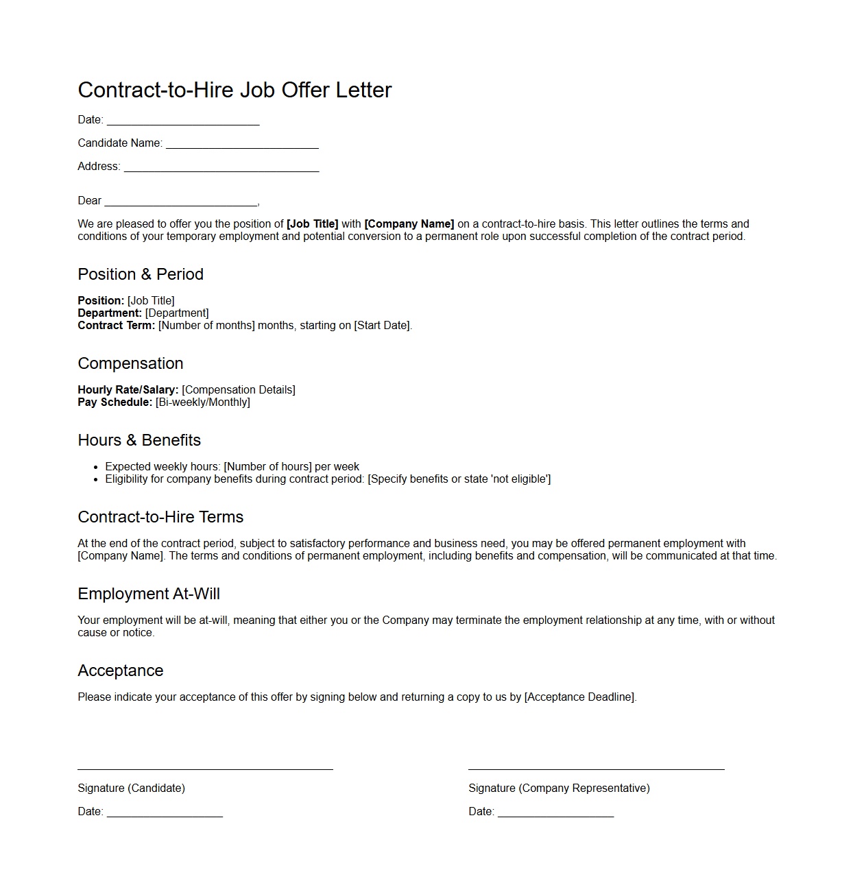 Contract-to-Hire Job Offer Sample