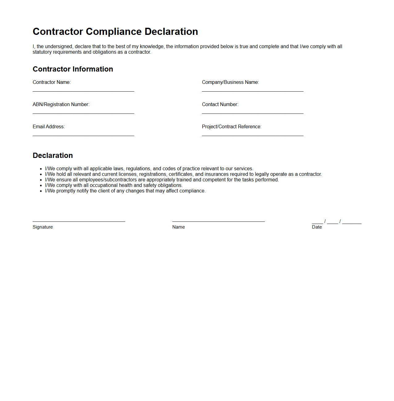 Contractor Compliance Declaration