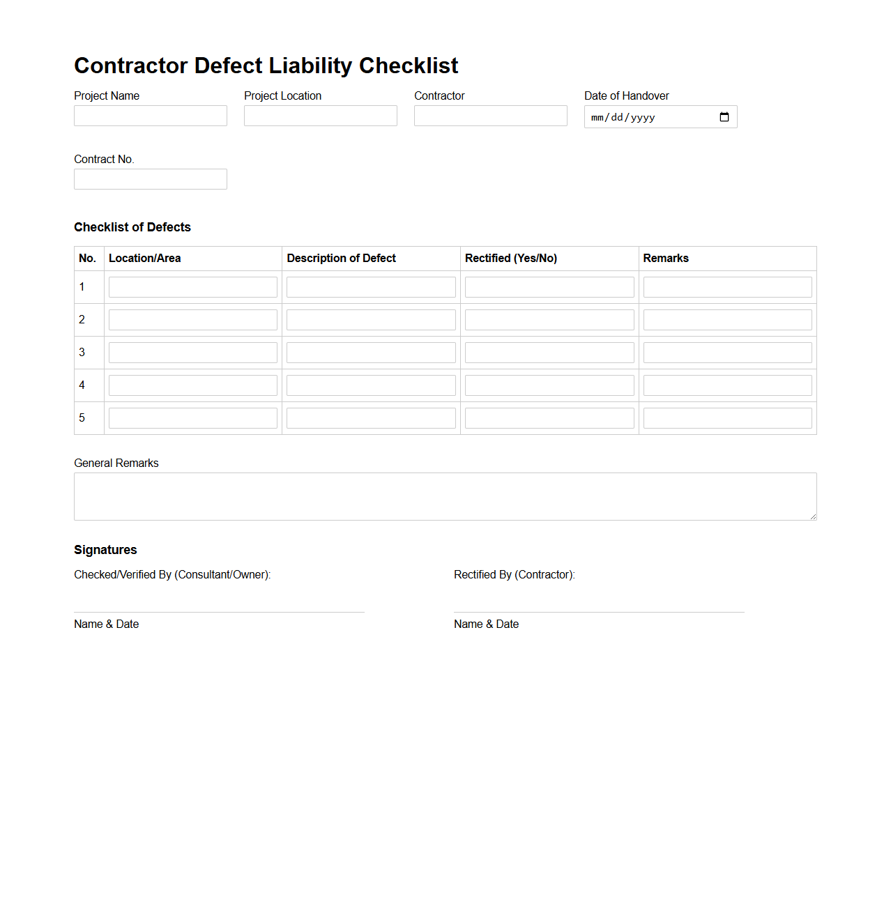 Contractor Defect Liability Checklist for Project Handover
