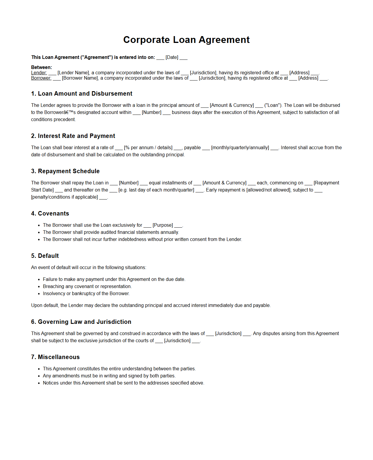 Corporate Loan Agreement Specimen