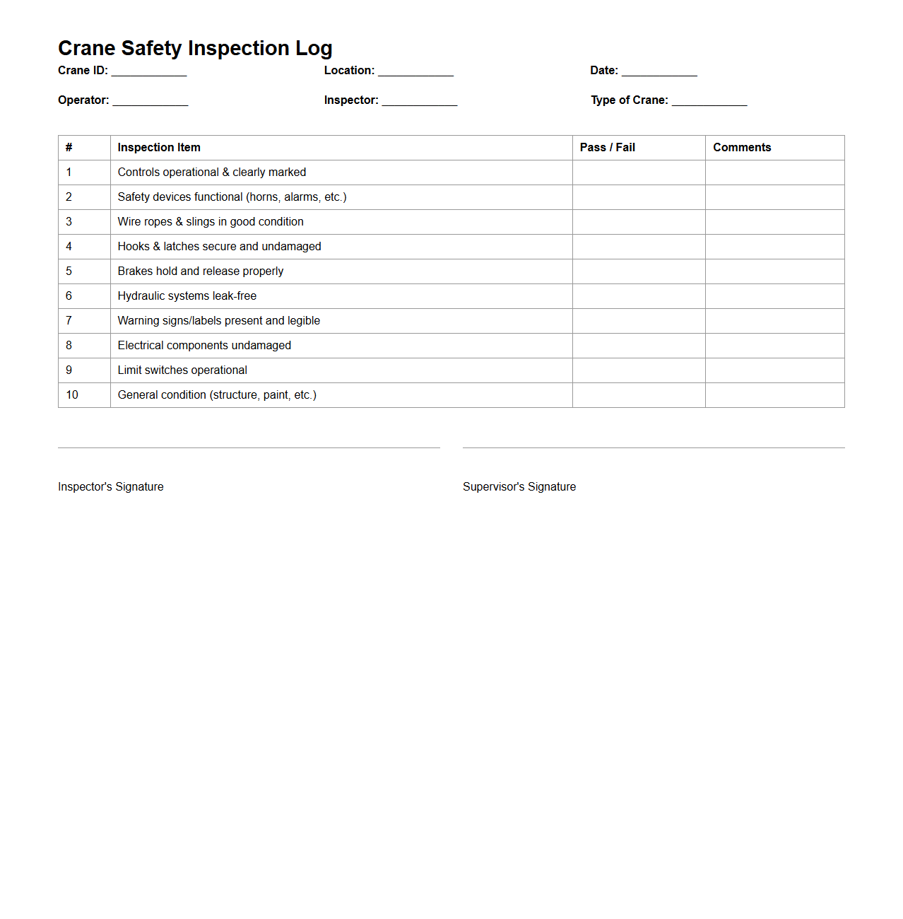 Crane Safety Inspection Log Example