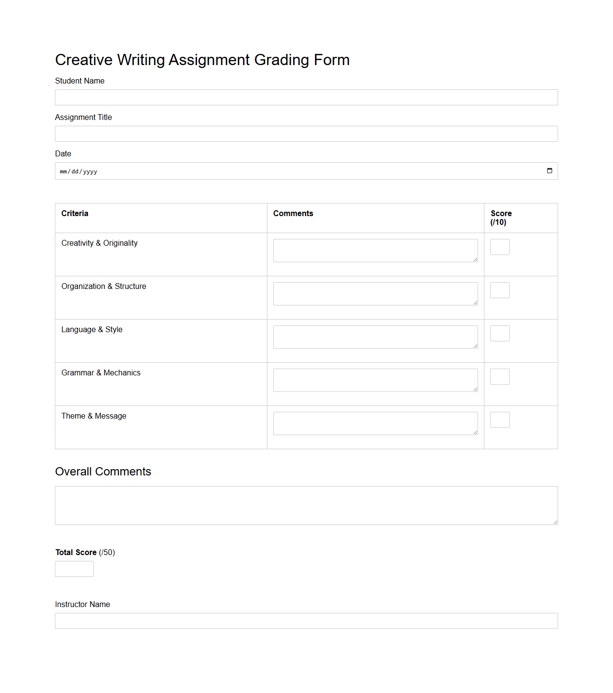 Creative Writing Assignment Grading Form