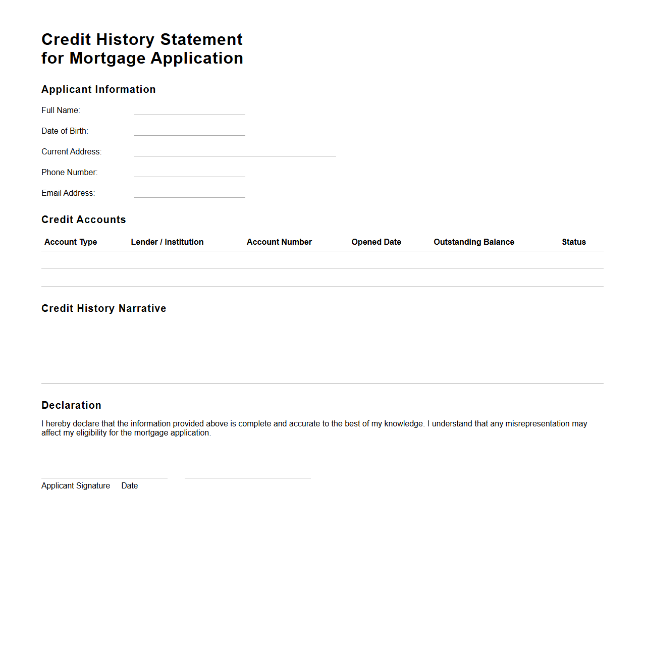 Credit History Statement for Mortgage Application