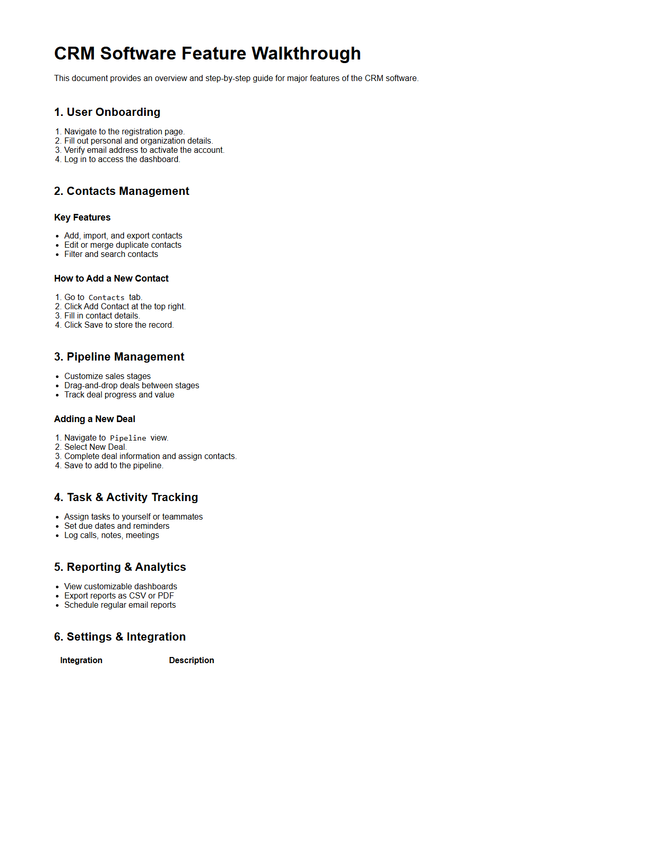 CRM Software Feature Walkthrough Documentation