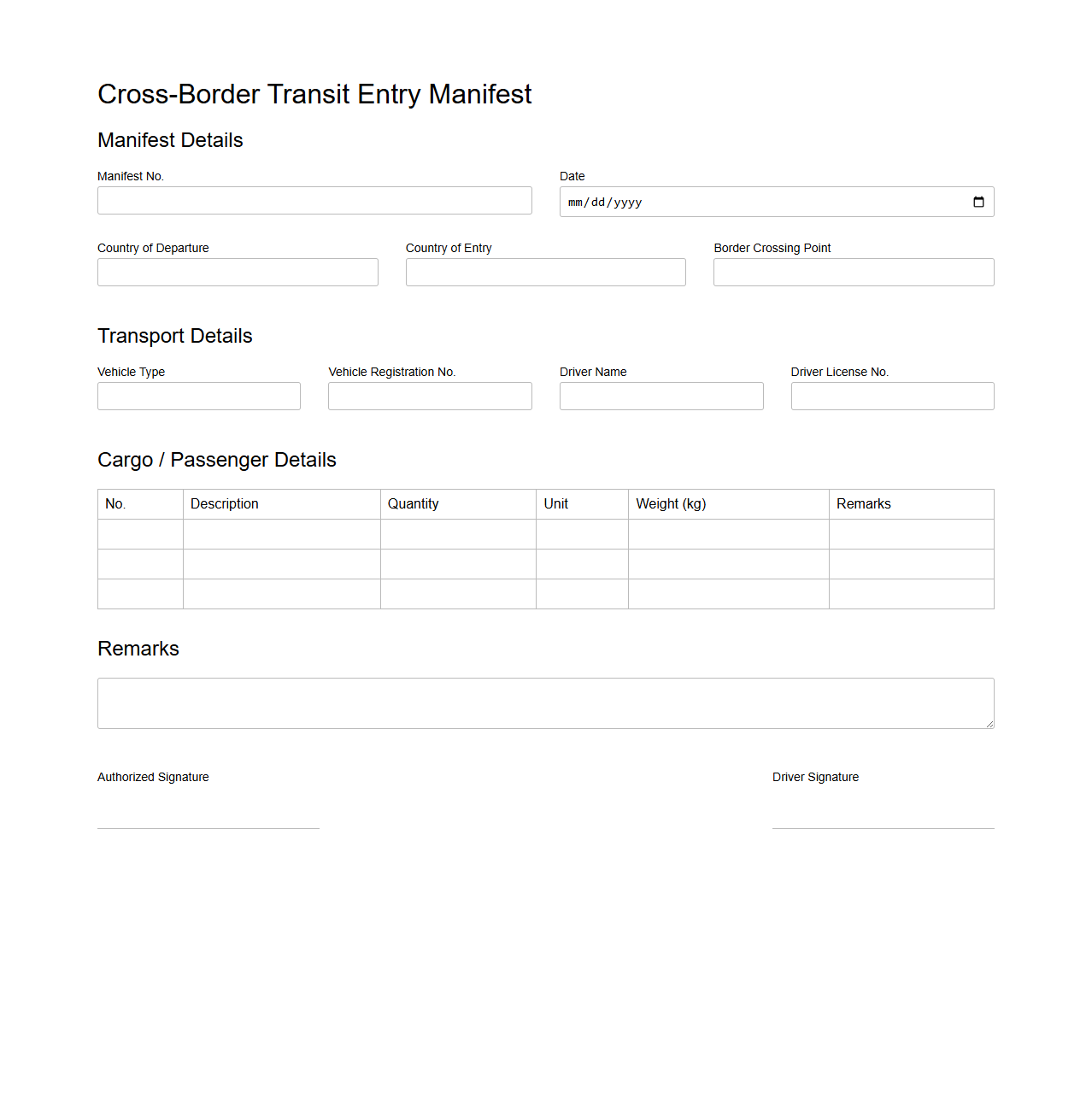 Cross-Border Transit Entry Manifest Template