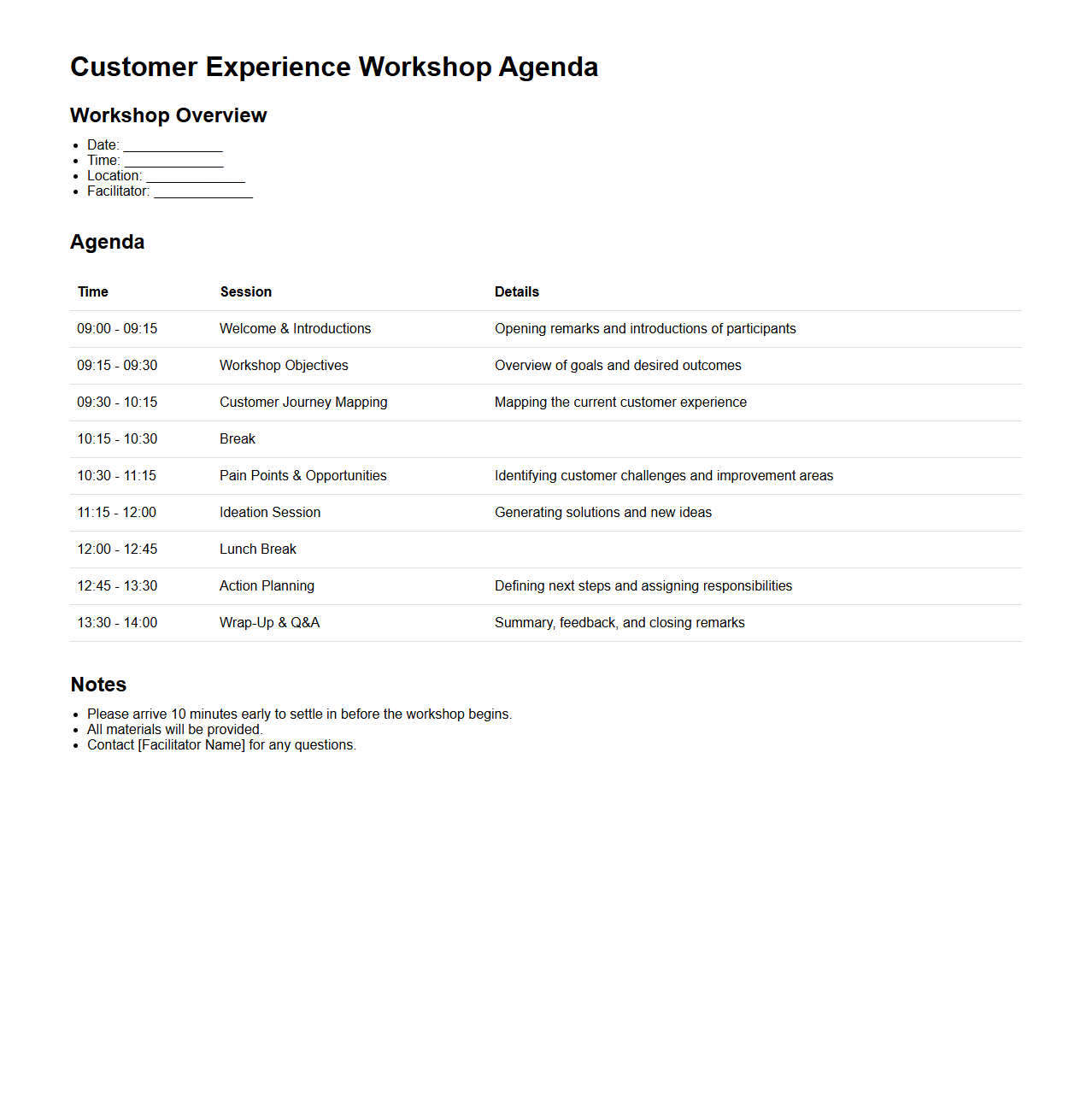 Customer Experience Workshop Agenda Example