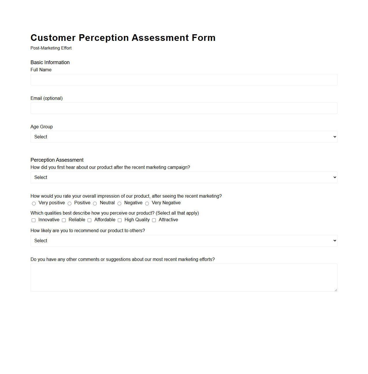 Customer Perception Assessment Form Post-Marketing Effort