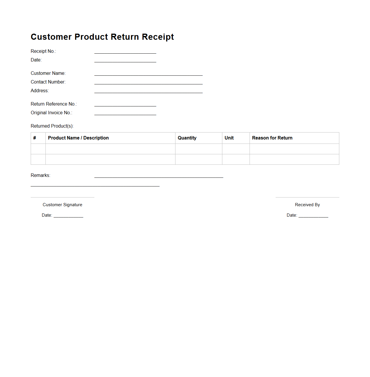 Customer Product Return Receipt Example
