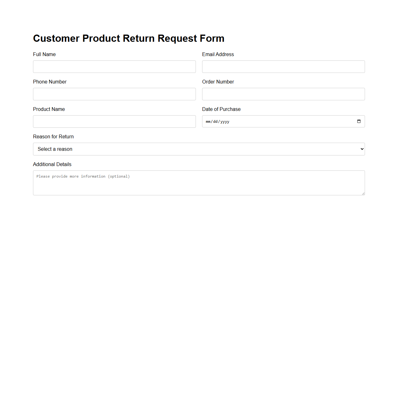 Customer Product Return Request Form