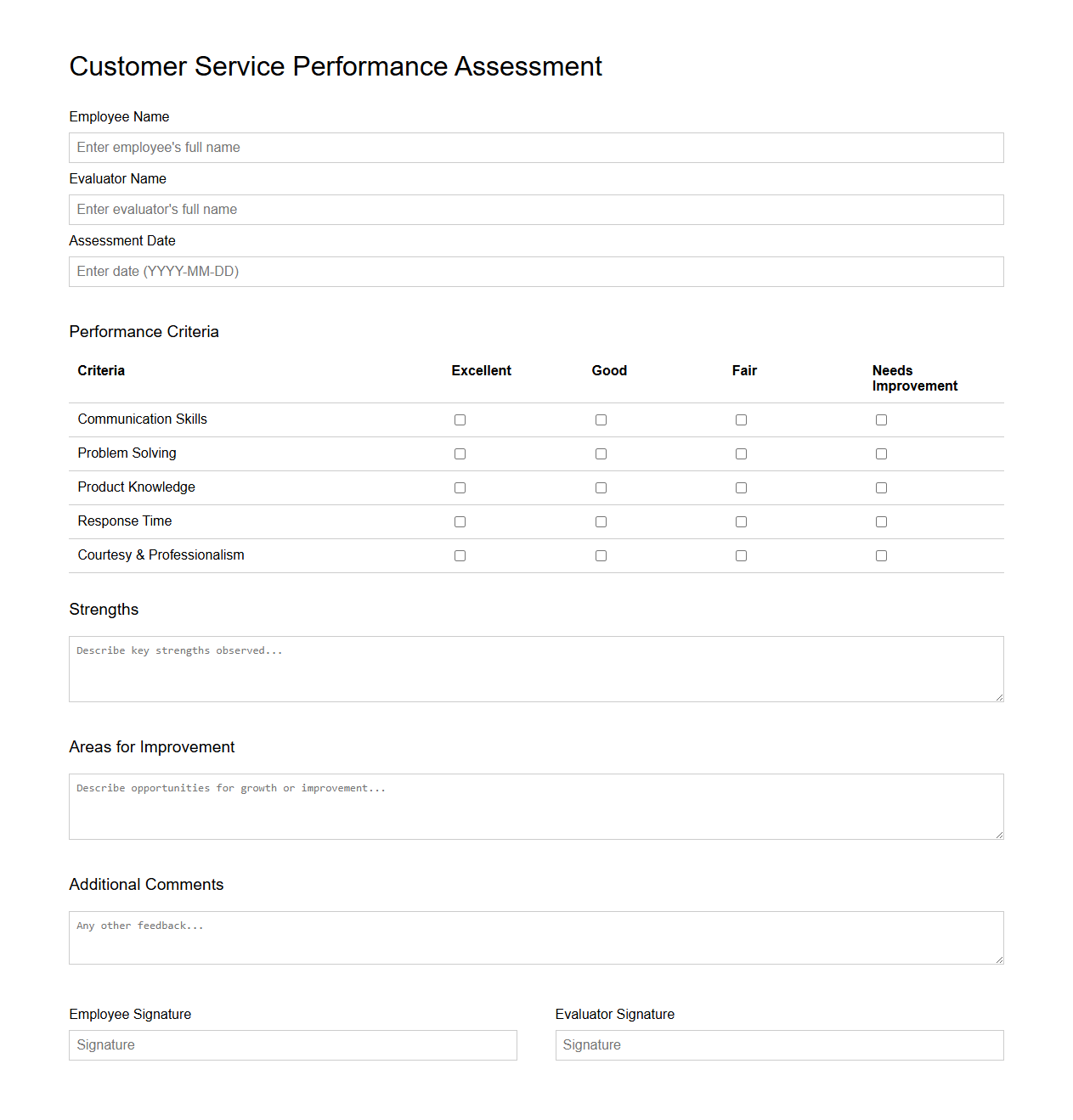 Customer Service Performance Assessment Template