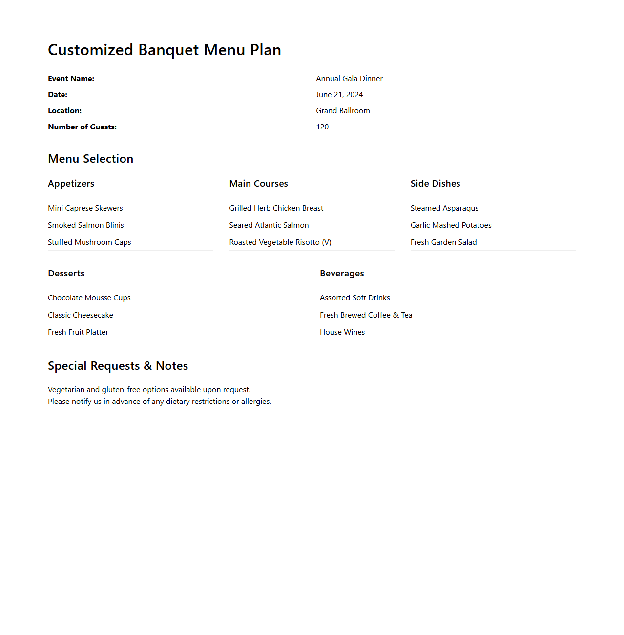 Customized Banquet Menu Plan Sample