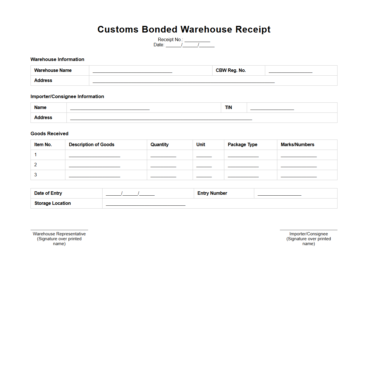 Customs Bonded Warehouse Receipt Sample