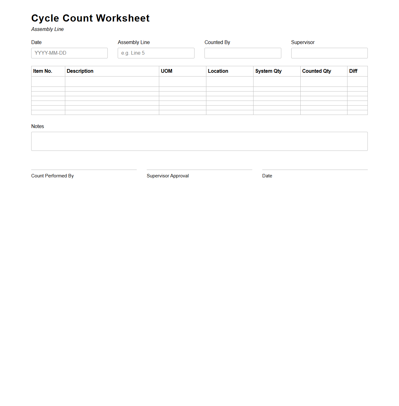 Cycle Count Worksheet for Assembly Line