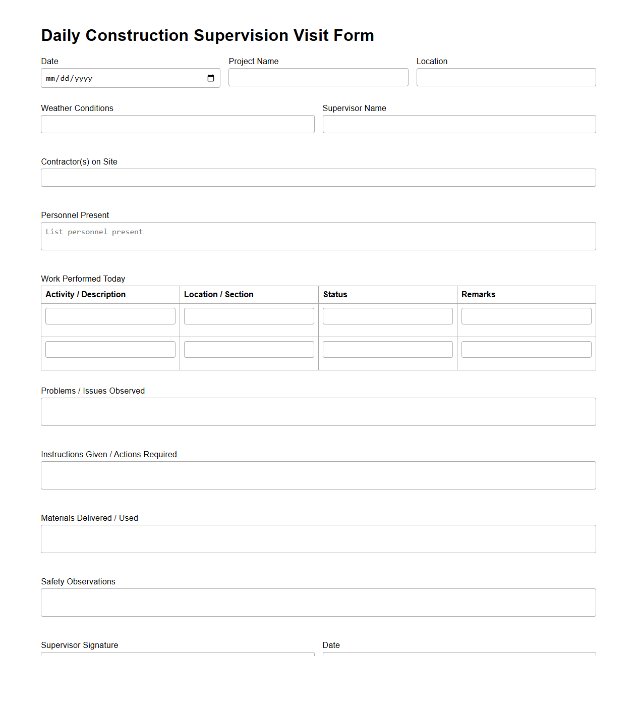 Daily Construction Supervision Visit Form