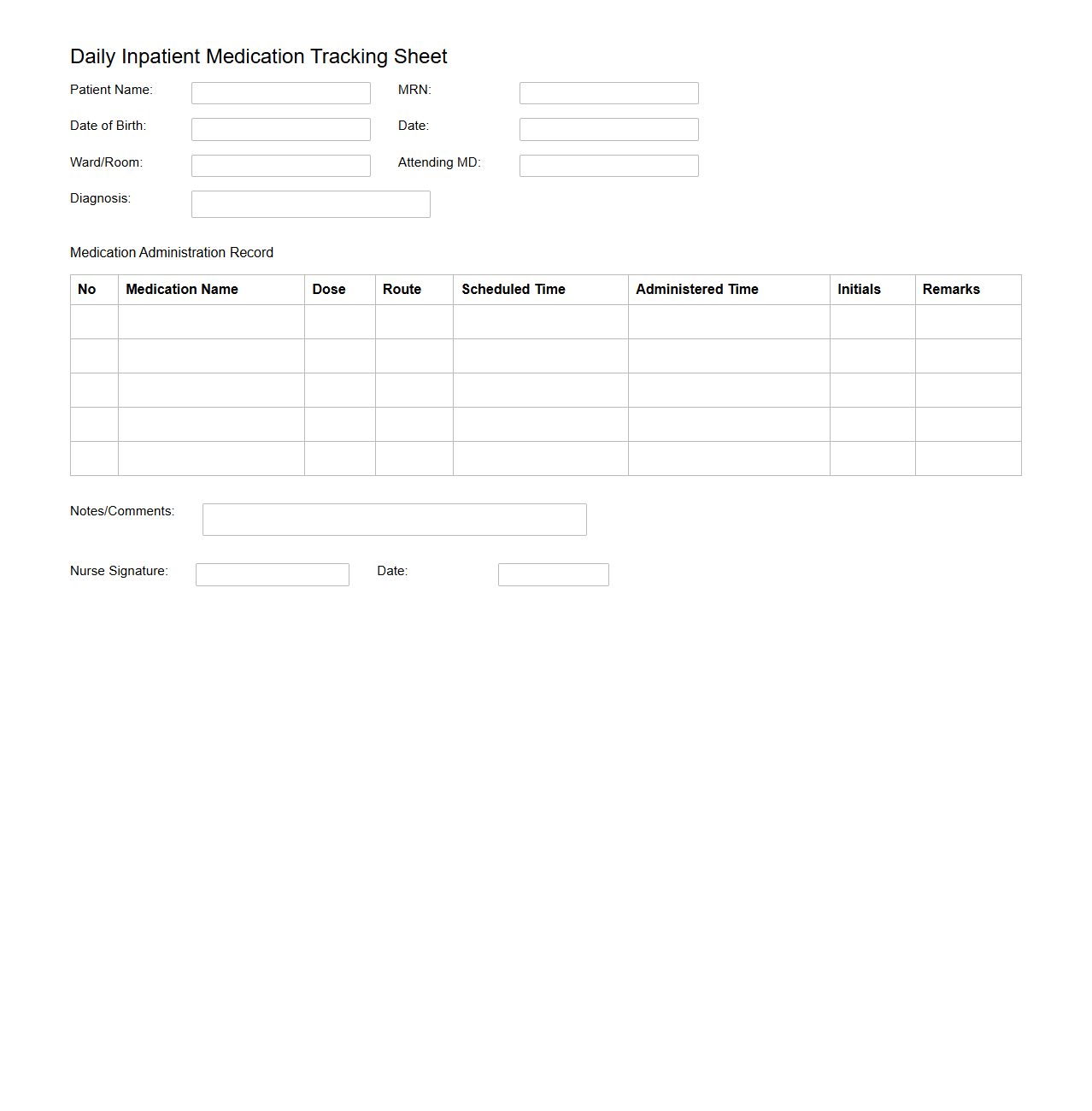 Daily Inpatient Medication Tracking Sheet Sample
