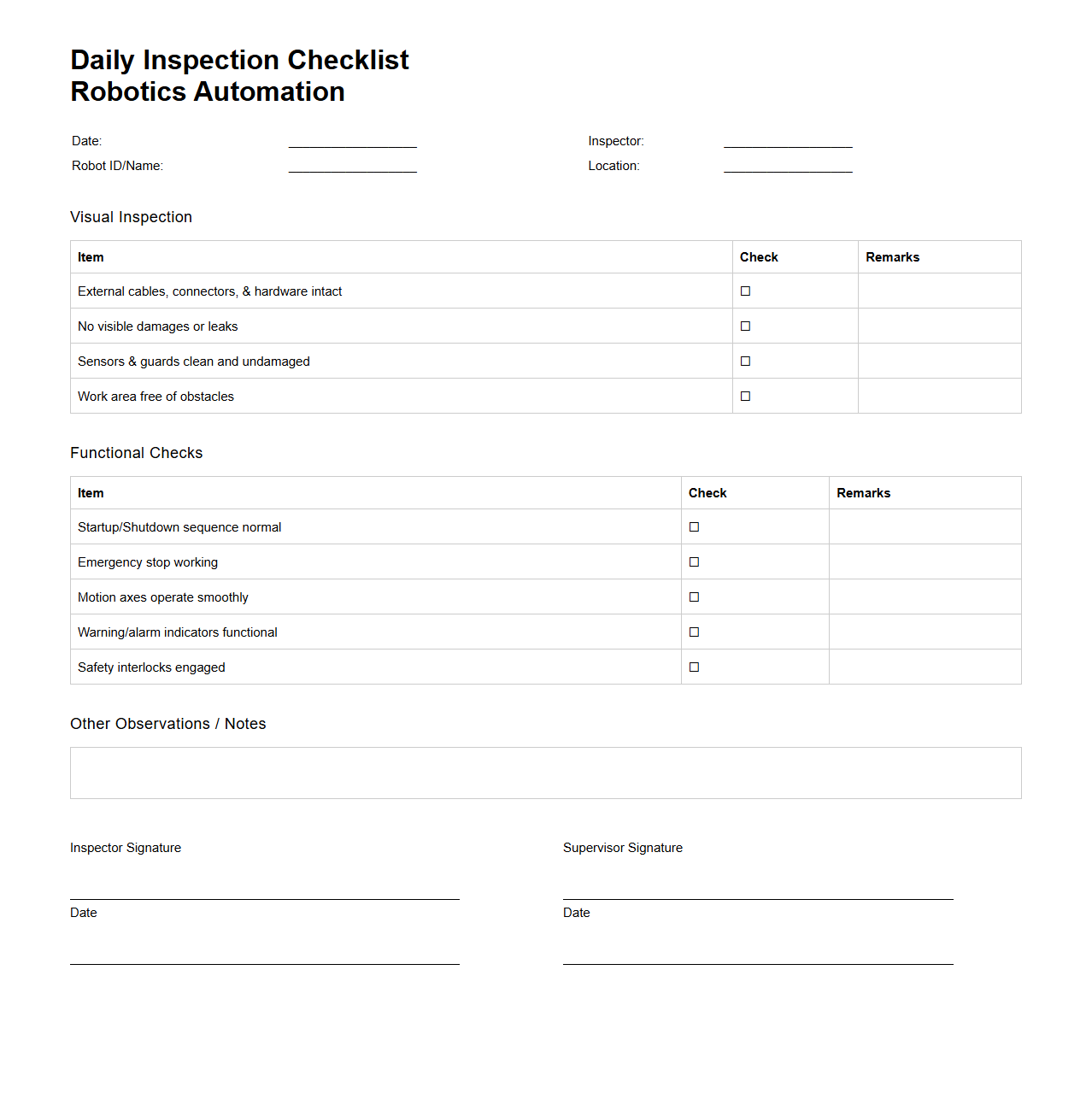 Daily Inspection Checklist for Robotics Automation