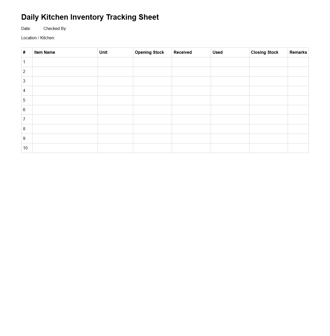 Daily Kitchen Inventory Tracking Sheet