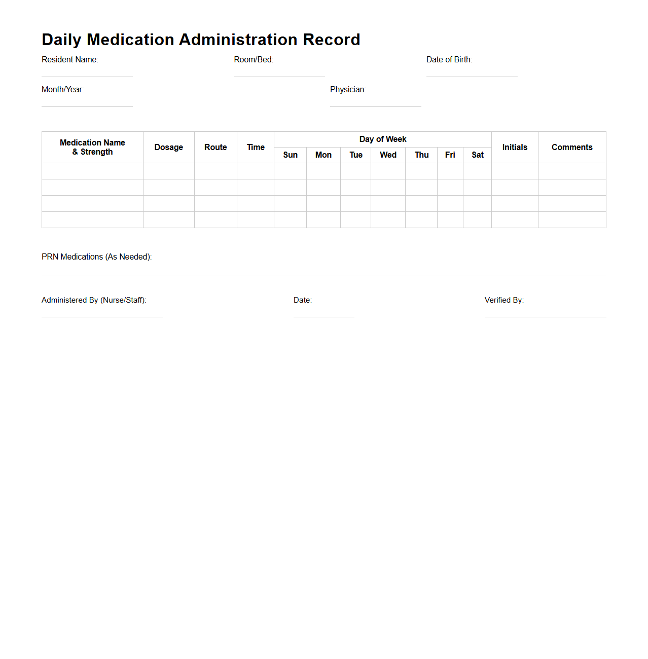 Daily Medication Administration Record Template for Nursing Homes