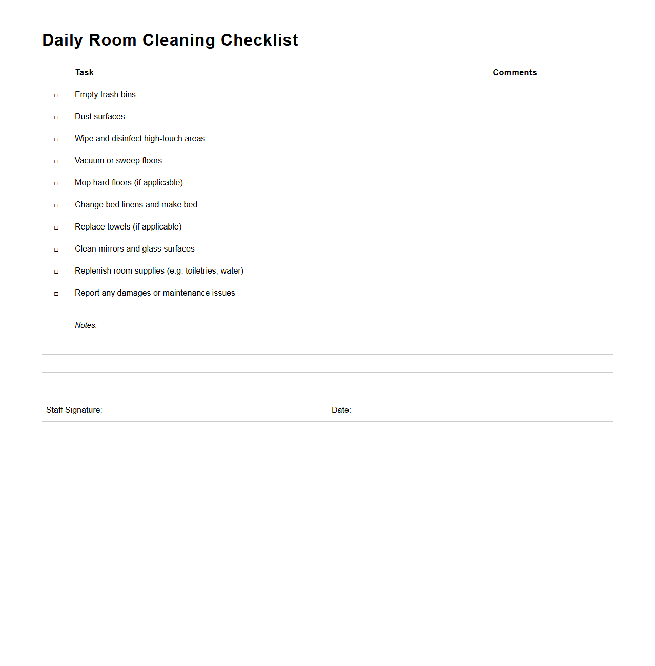 Daily Room Cleaning Checklist Template