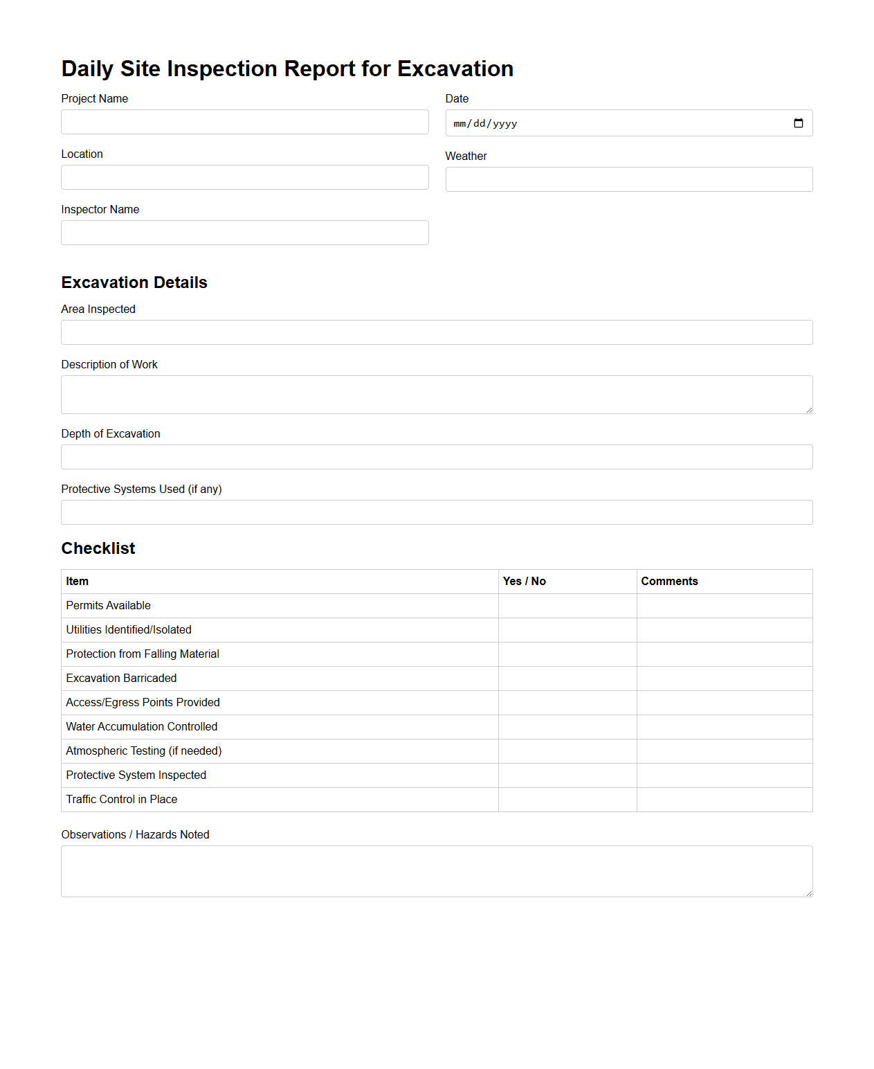 Daily Site Inspection Report for Excavation