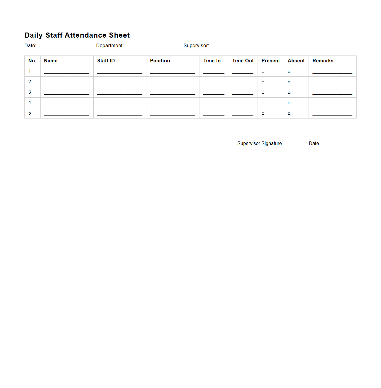 Daily Staff Attendance Sheet Example