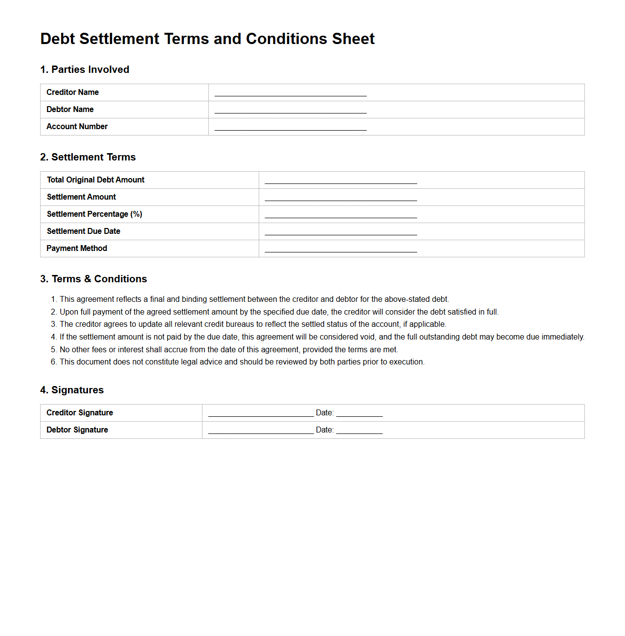 Debt Settlement Terms and Conditions Sheet