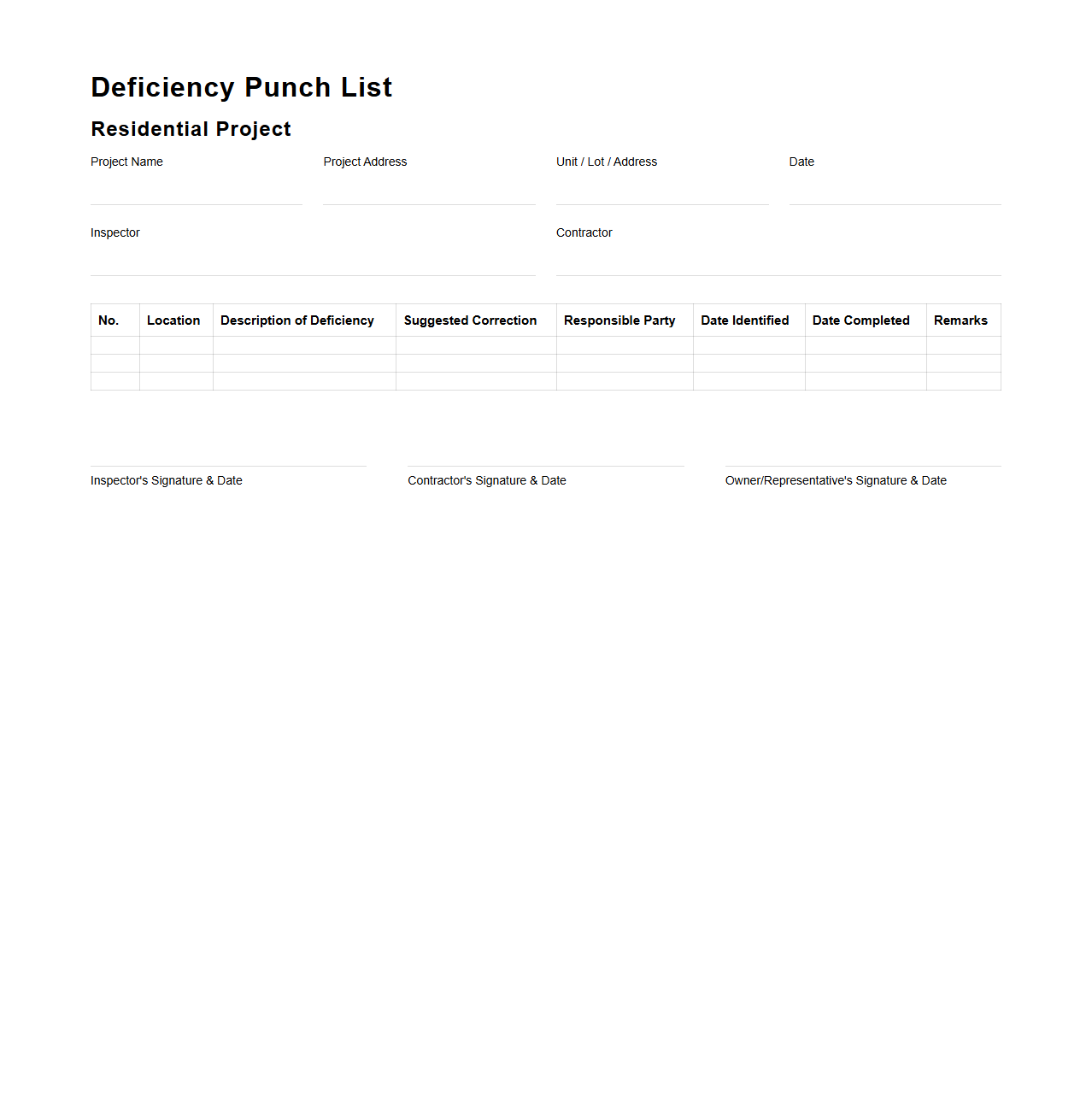 Deficiency Punch List for Residential Projects