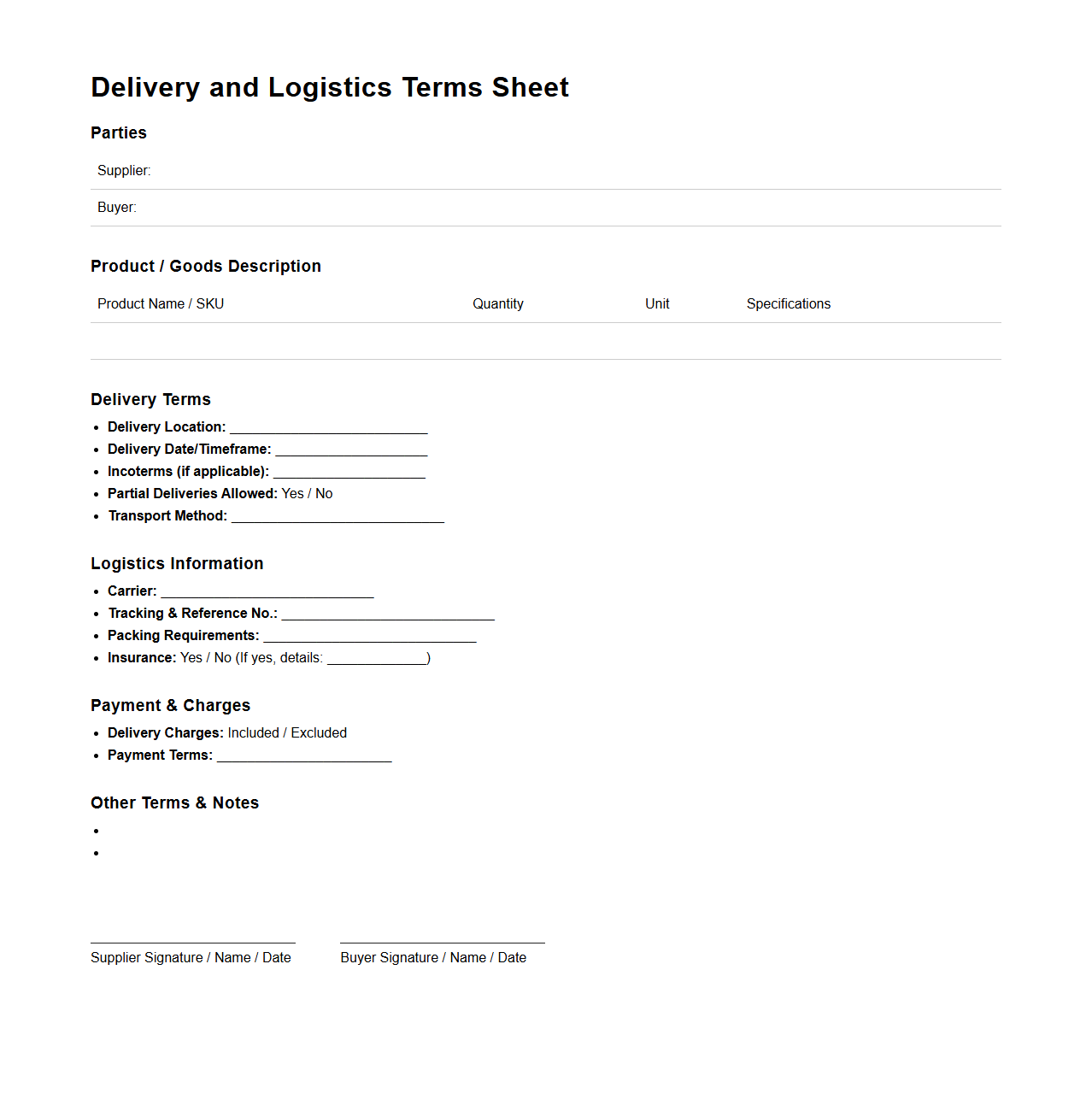 Delivery and Logistics Terms Sheet
