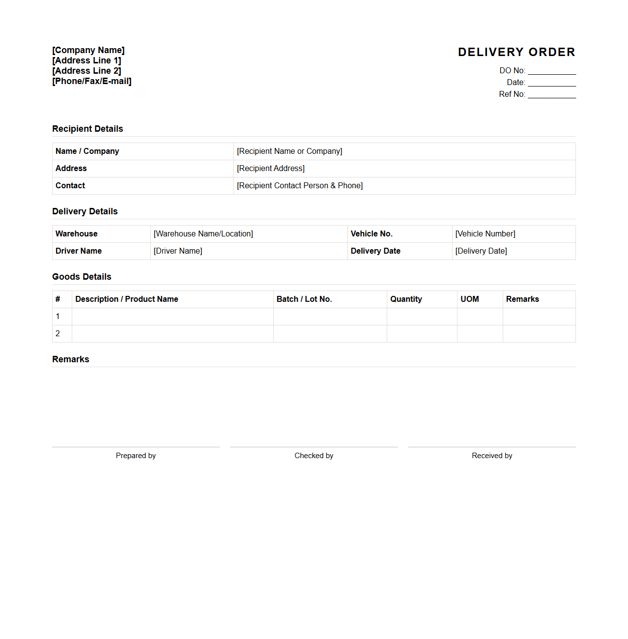 Delivery Order Template for Finished Goods Warehouse Release