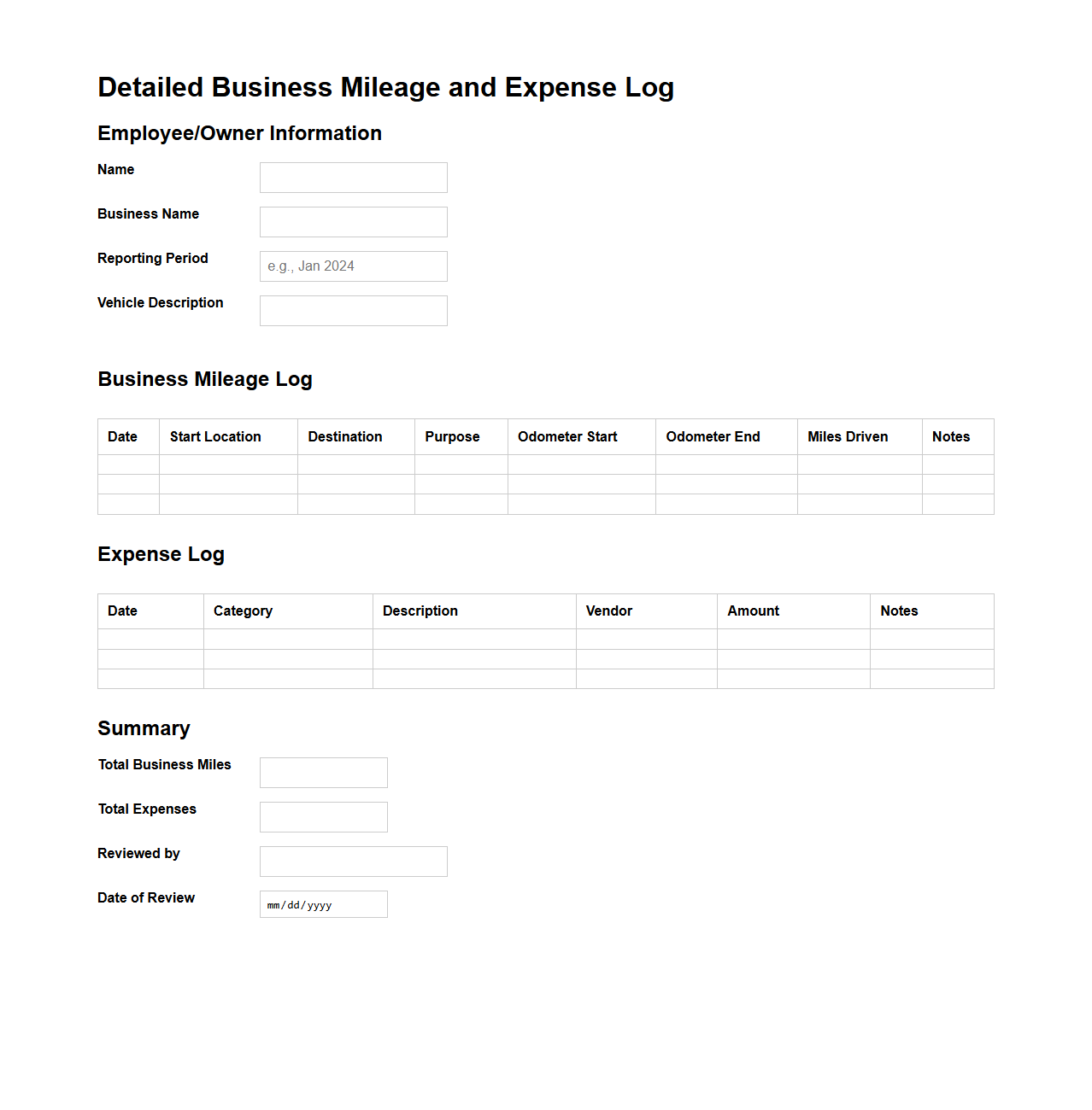 Detailed Business Mileage and Expense Log