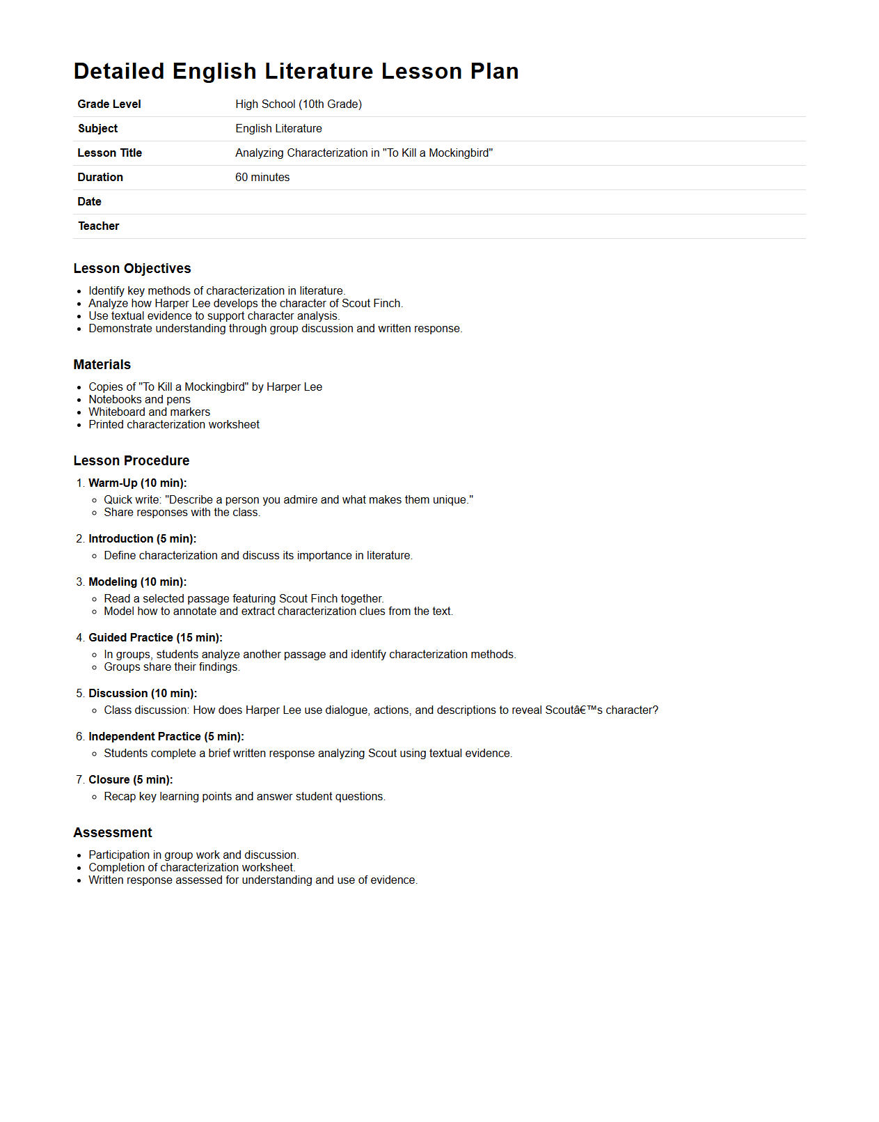 Detailed English Literature Lesson Plan for High School