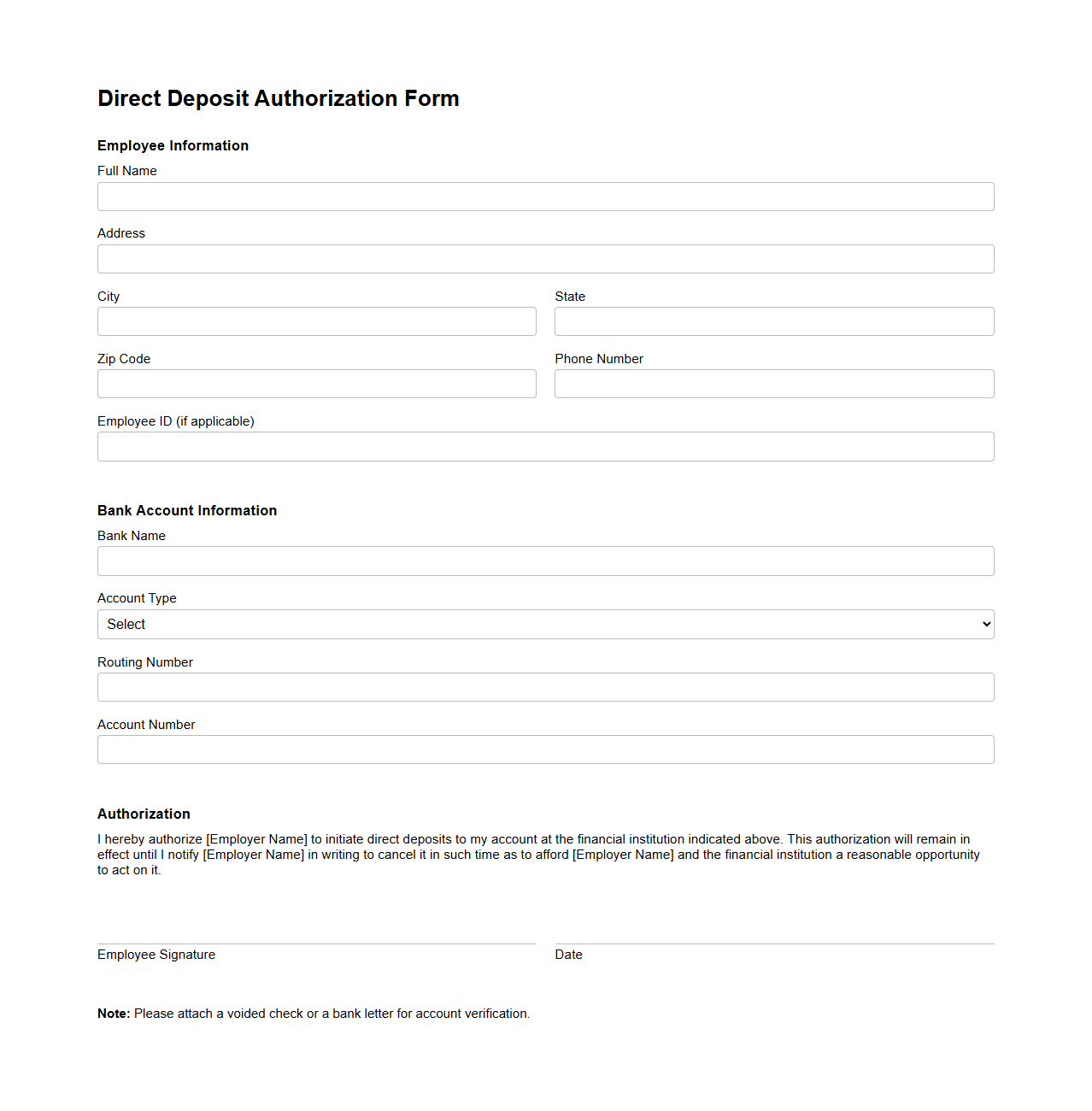 Direct Deposit Authorization Form Sample