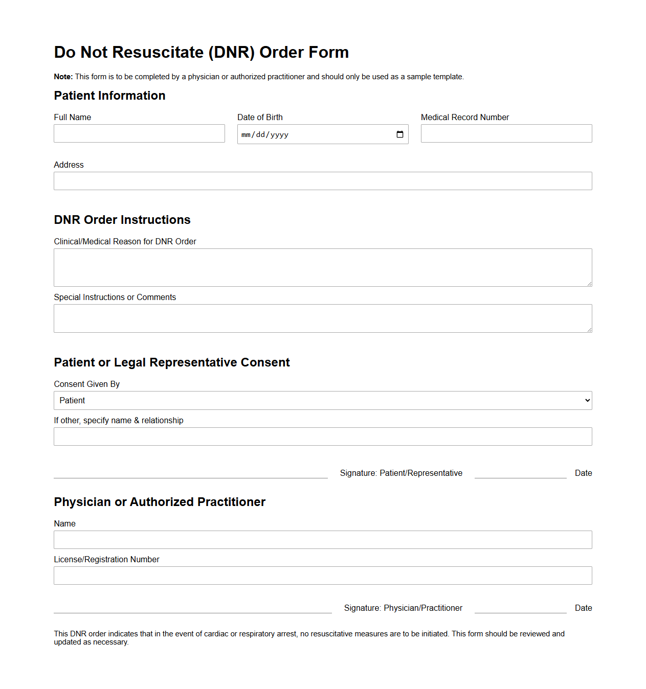 Do Not Resuscitate (DNR) Order Form Example
