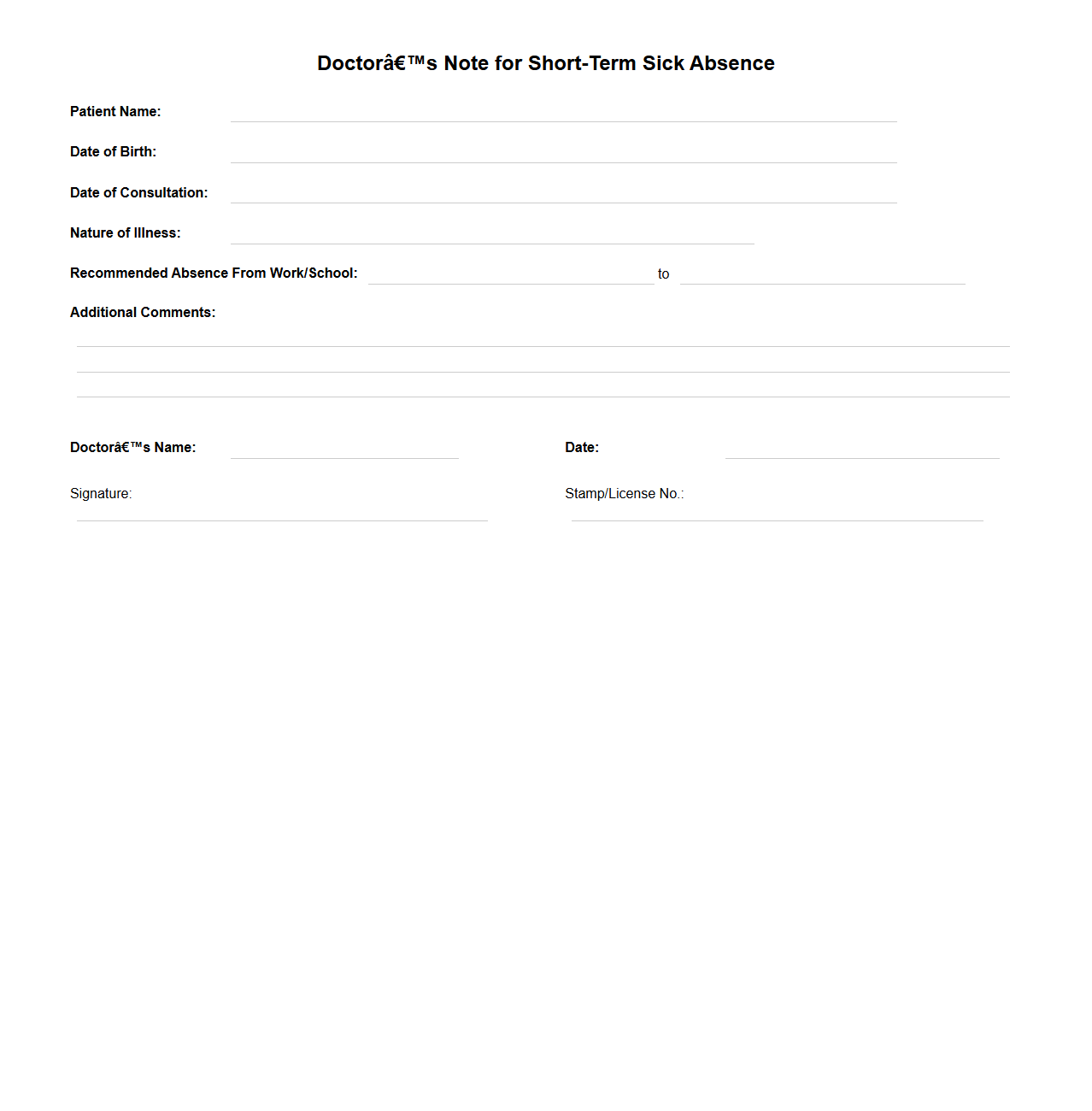 Doctor’s Note for Short-Term Sick Absence