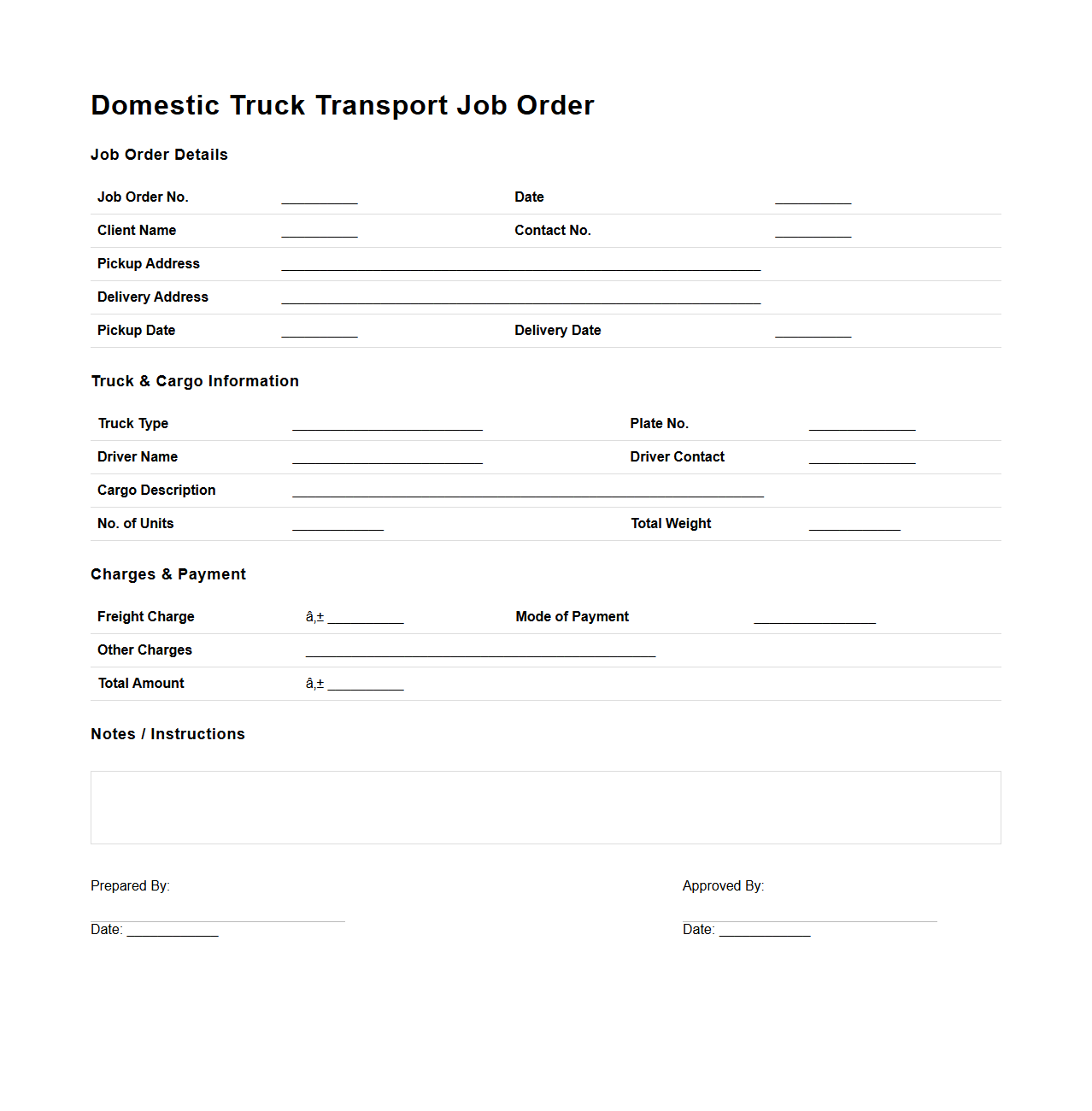 Domestic Truck Transport Job Order Sample