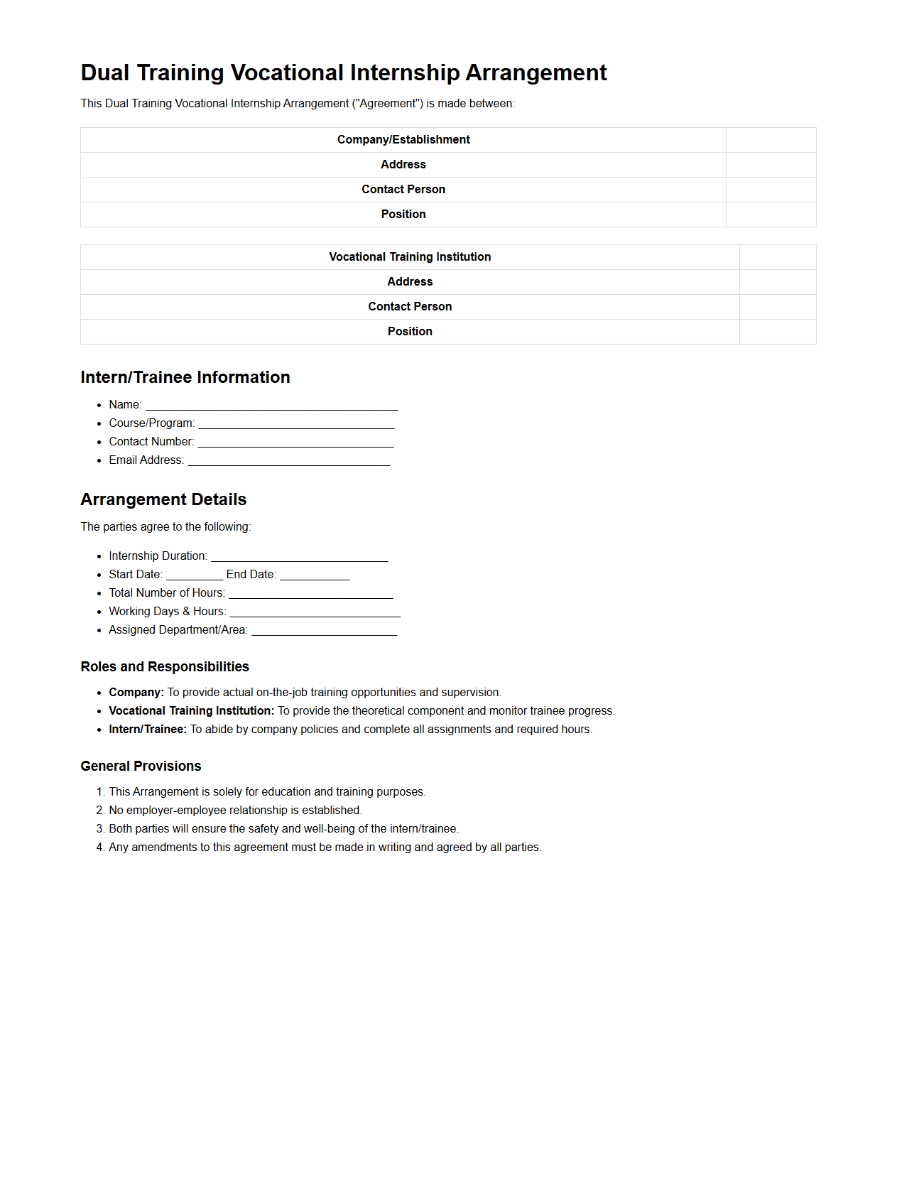 Dual Training Vocational Internship Arrangement Sample