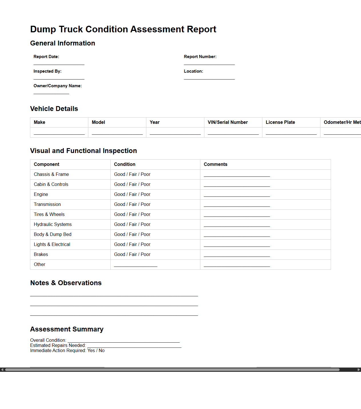 Dump Truck Condition Assessment Report Sample