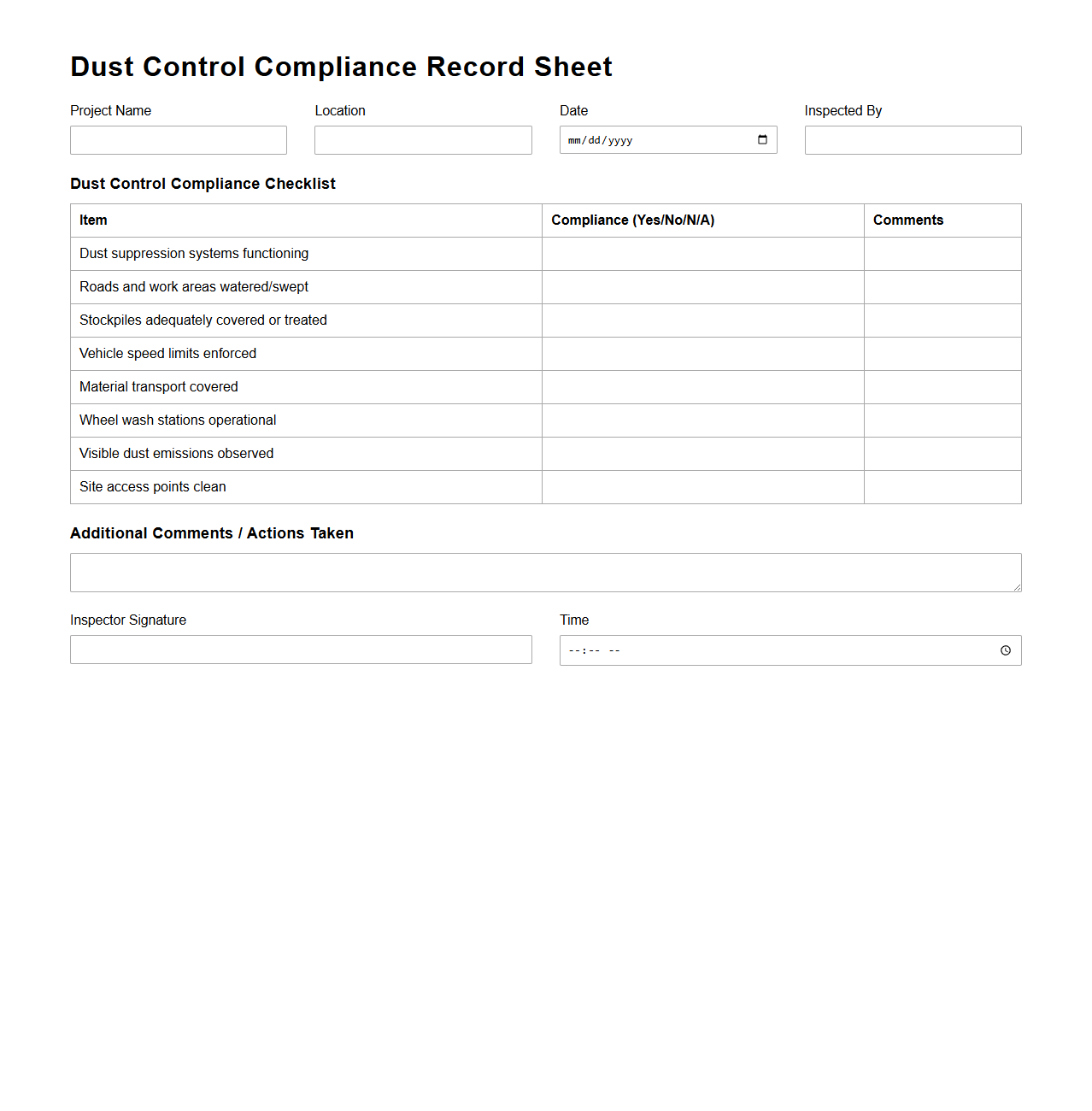 Dust Control Compliance Record Sheet